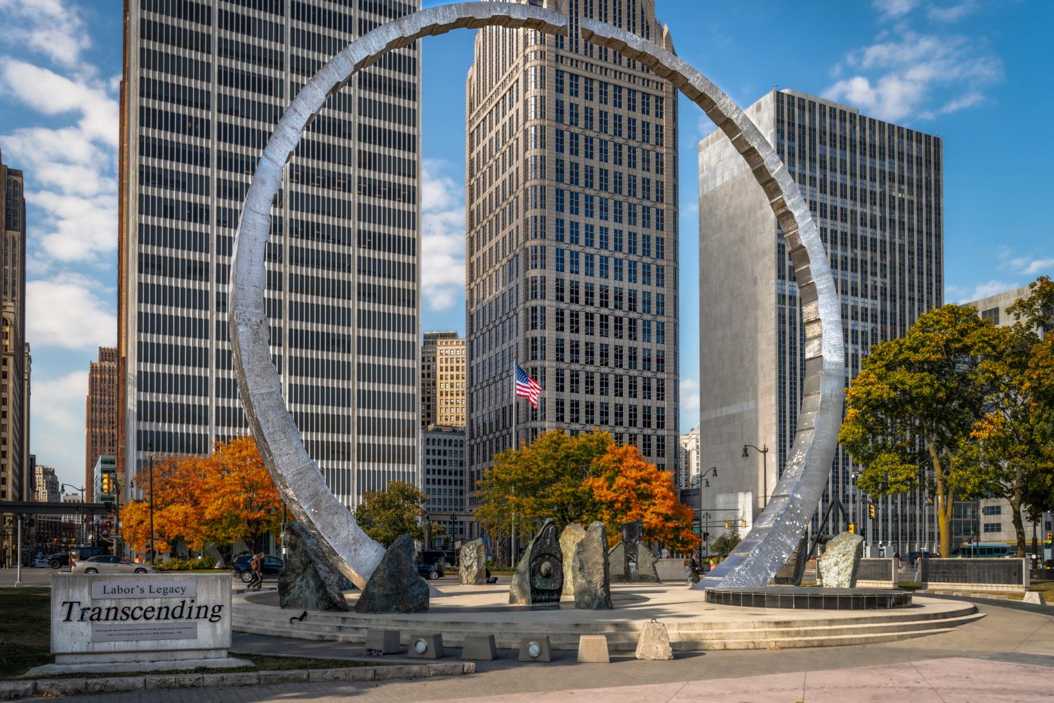 Michigan Labor Legacy Landmark, Transcending, by David Barr, in downtown Detroit iStock-1486045228